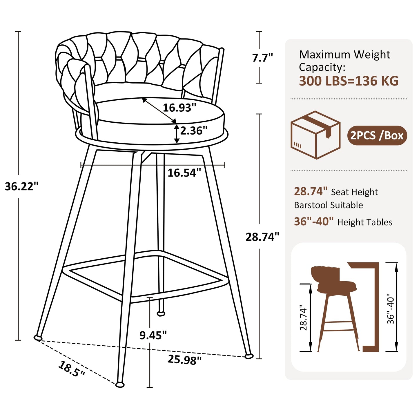 YOUNUOKE 360° Swivel Bar Stools Set of 2, 28 inch Seat Height Barstools with Woven Low Back, Metal Straight Legs with Footrest, Fabric Bar Stool for Kitchen Island, Bar & Pub (2 PCS, Dark Brown)
