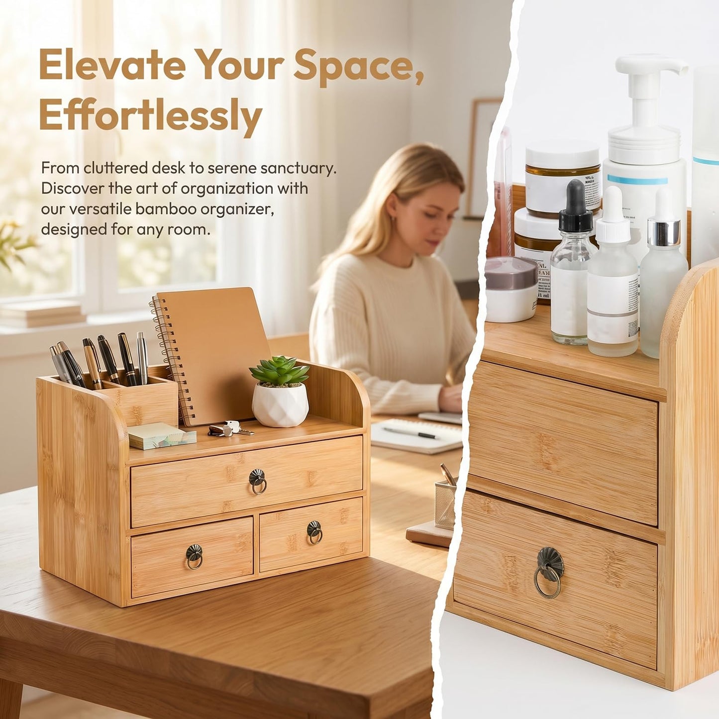 Nicunom Bamboo Desk Organizer, 3-Tier Bamboo Tabletop Storage Organization Multifunctional Desktop Organizer with Drawers for Home Office Toiletries Supplies Vanity