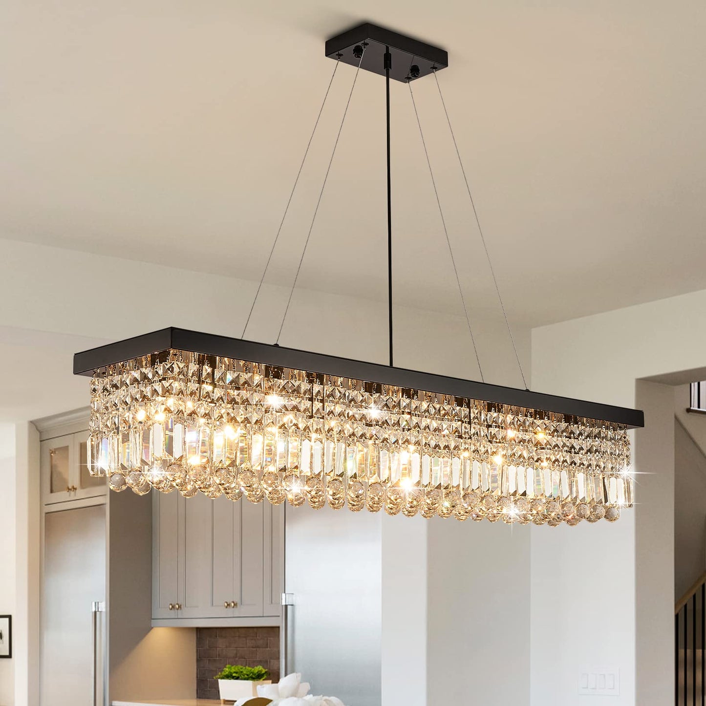 7PM Rectangle K9 Crystal Chandelier Modern Rectangular Pendant Lighting Fixture for Dining Room Kitchen Island Bedroom Black L47'' x W10'' x H10''