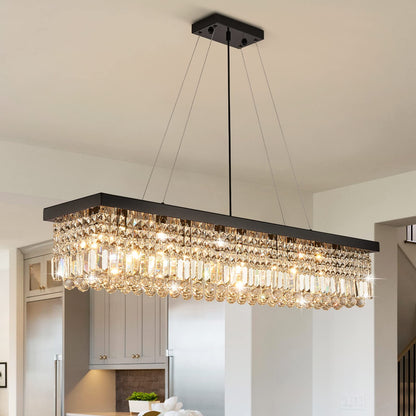 7PM Rectangle K9 Crystal Chandelier Modern Rectangular Pendant Lighting Fixture for Dining Room Kitchen Island Bedroom Black L47'' x W10'' x H10''
