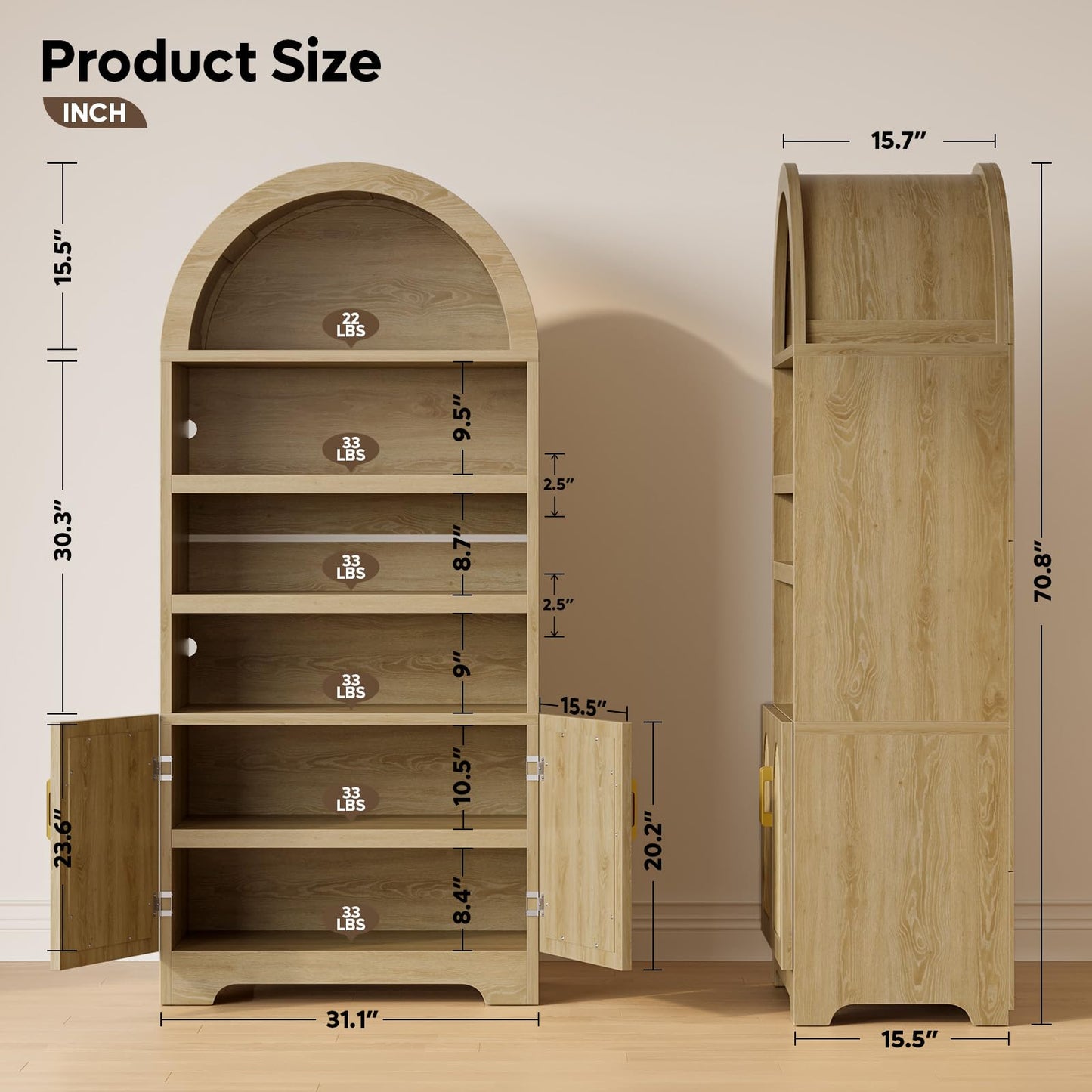 Bestier 71" Tall Arched Kitchen Pantry, Arched Cabinet with Doors, Modern Farmhouse Wood Kitchen Storage Cabinets with 3-Tier Adjustable Shelves for Living Room, Dining Room, Ktichen, Oak
