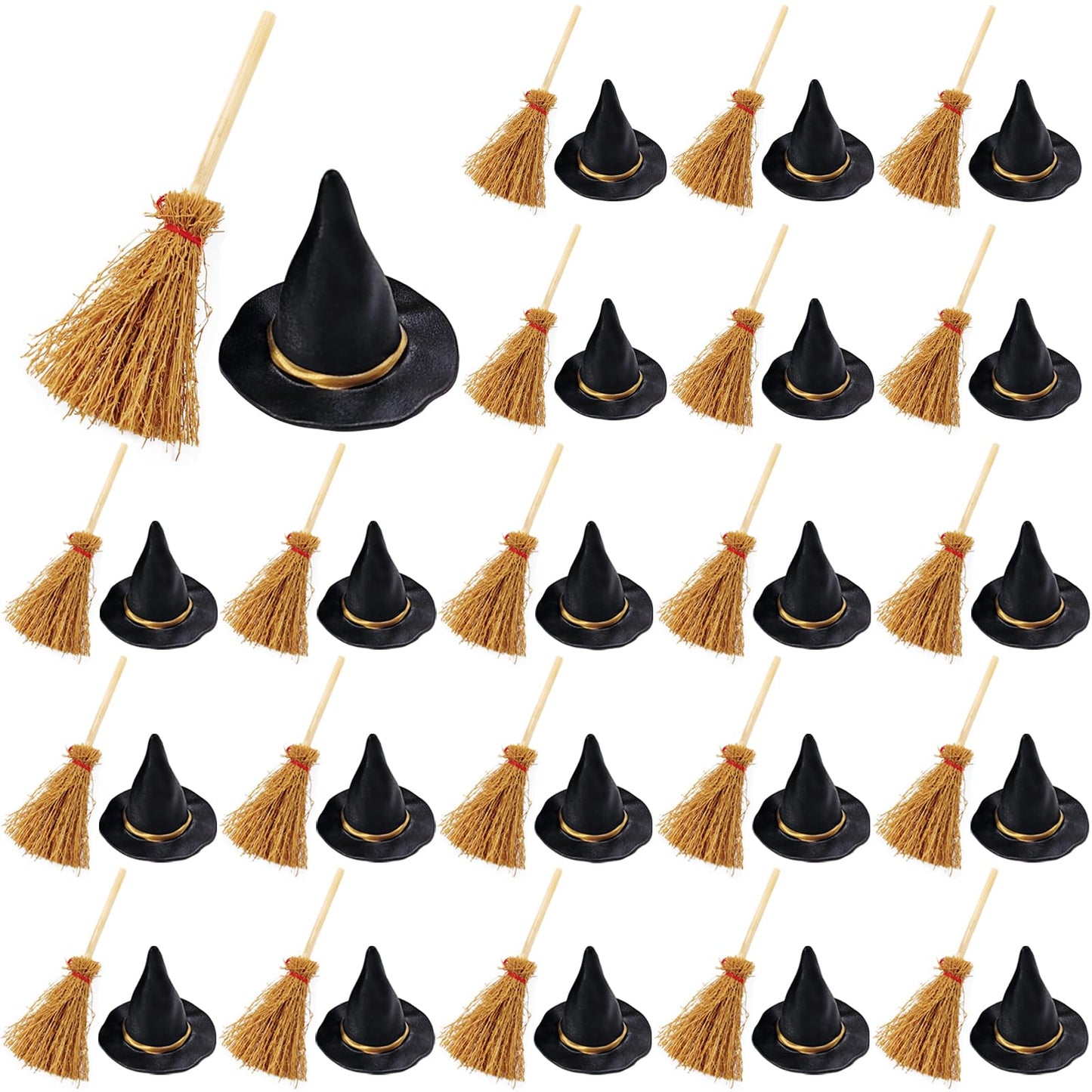 GXXMEI 50PCS/set Mini Witch Hat with Mini Broom Miniature Straw Brooms with Red Rope Plastic Witch Hats and Brooms for Halloween for Halloween Party Craft Witches Decoration Accessory