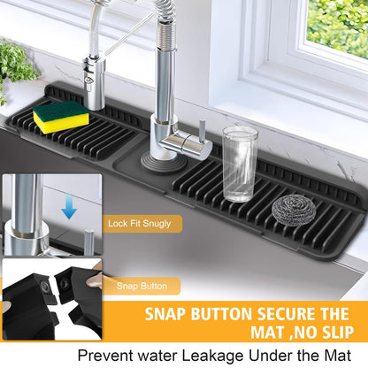24-Inch Kitchen Sink Splash Guard Mat | 7° Slope for Fast Self-Draining | Snap-Lock Design | Universal & Cuttable Silicone Faucet Mat (Black)