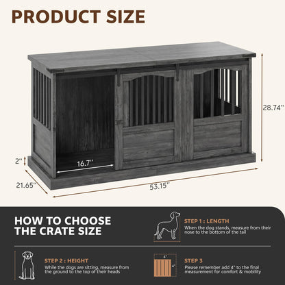 Homiflex 72" Double Dog Crate Furniture for 2 Medium Large Dogs Wooden Heavy Duty Dog Kennel Furniture with 2 Sliding Doors and Divider Decorative Dog Cage TV Stand End Table for Indoor, Grey