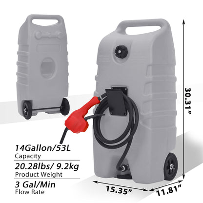 Garvee 14 gal Portable Fuel Tank, Gray Fuel Storage Container with Manual Siphon Pump & 10 ft Hose, Gasoline Diesel Caddy with Wheels, Fuel Transfer Tank for Car, ATV, Boat, Lawn Mower, Generator