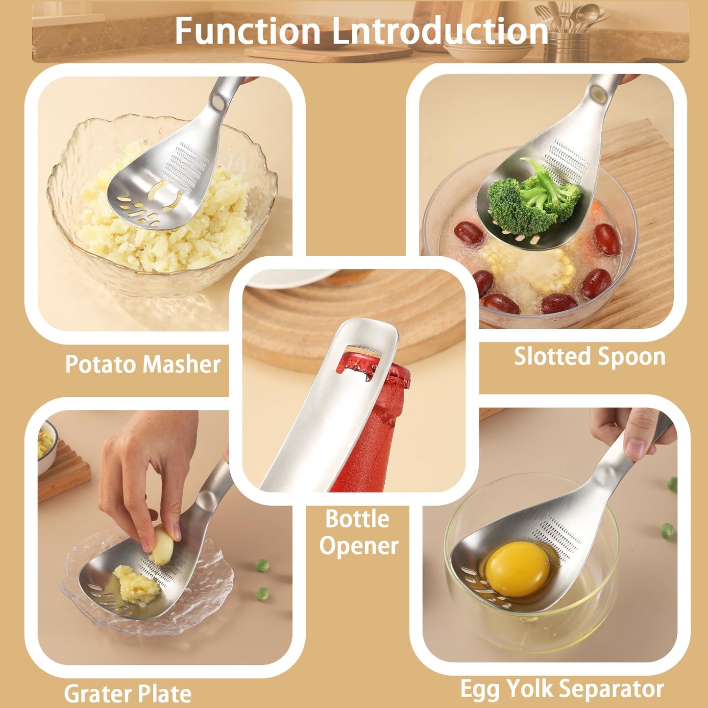2PC Multi-Function Cooking Spoon with Potato Masher, Egg Yolk Separator, Grater Plate, Bottle Opener & Slotted Spoon - 304 Stainless Steel, MEIYUSHENG