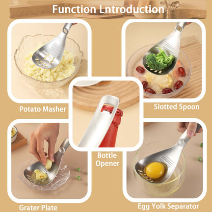 2PC Multi-Function Cooking Spoon with Potato Masher, Egg Yolk Separator, Grater Plate, Bottle Opener & Slotted Spoon - 304 Stainless Steel, MEIYUSHENG