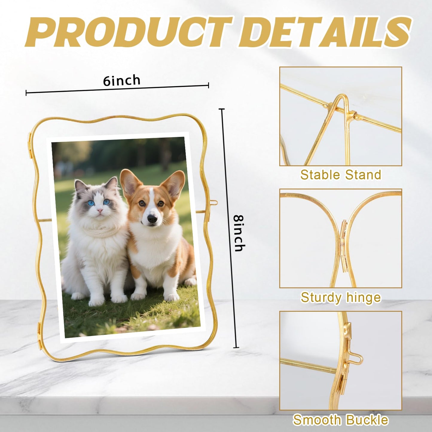 Himitimi Double Glass Frame for Pressed Flowers, 6x8 Inch Handmade Wave Pressed Flower Frame Metal Floating Picture Frame for Tabletop Display DIY Artwork Home Decor(Gold)