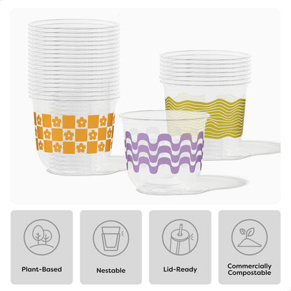TOSSWARE NATURAL 12oz Arc - Retro Art - Plant Based 98mm Cups - Plastic Alternative for Parties, Bachelorettes, Weddings - Recyclable Theme Cold Cups - Set of 24