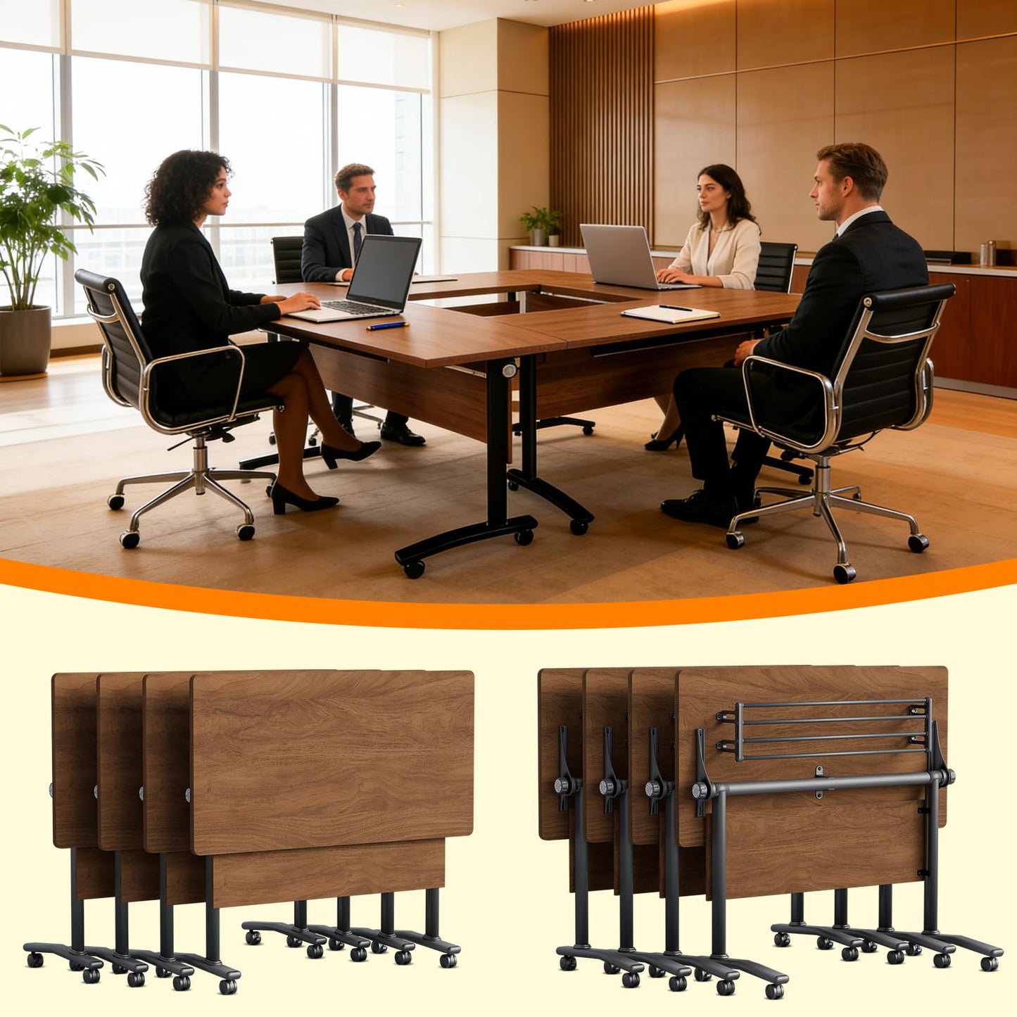 JNMDLAKO Modular Folding Conference Table with Locking Wheels, 8 Pack Flip Top Mobile Training Table, Modern Meeting Seminar Tables for Office, Hotel Conference Room(8,Walnut,71" L x 21" W x 29" H)