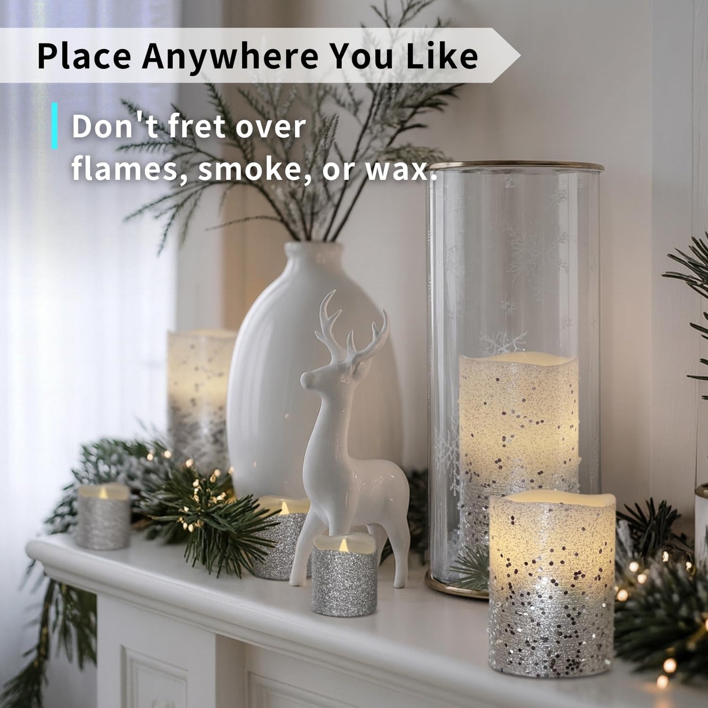 FURORA LIGHTING Silver Glitter LED Candles with Remote and Timer, 4 Pillars and 4 Votives Pack of 8, Real Wax Flameless Flickering Candles for Home Décor, Battery Included