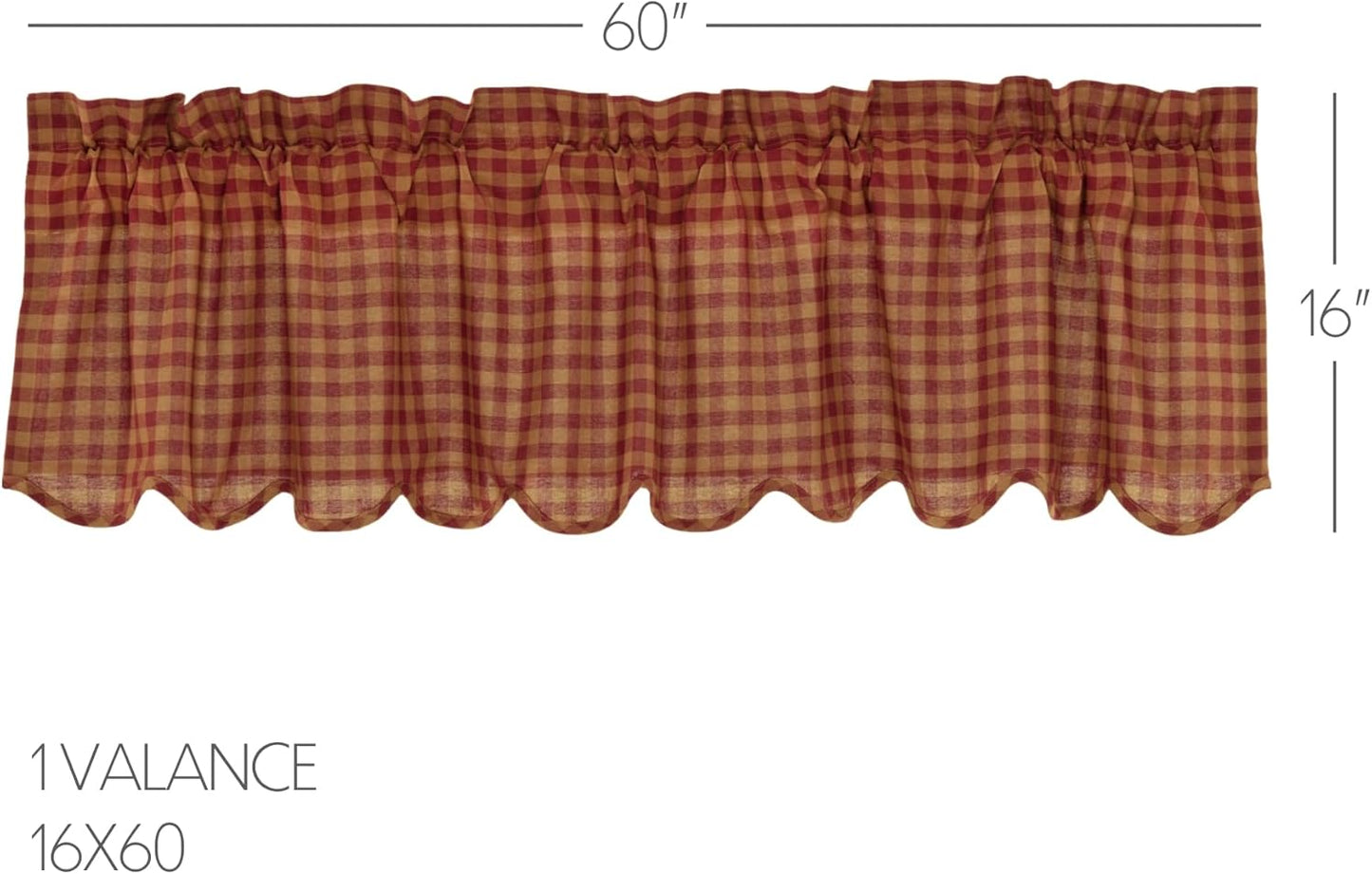 VHC Brands Burgundy Red Check Cotton Primitive Kitchen Curtains Rod Pocket 16x60 Valance