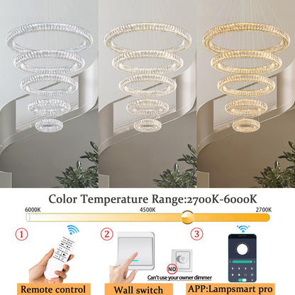 IDEQUY Large Gold Ring Chandelier for High Ceiling Modern Long Crystal Chandelier Lighting, Dimmable LED Ceiling Chandeliers,5 Ring D8‘’+15.7‘’+23.6‘’+31.5‘’+39.4''