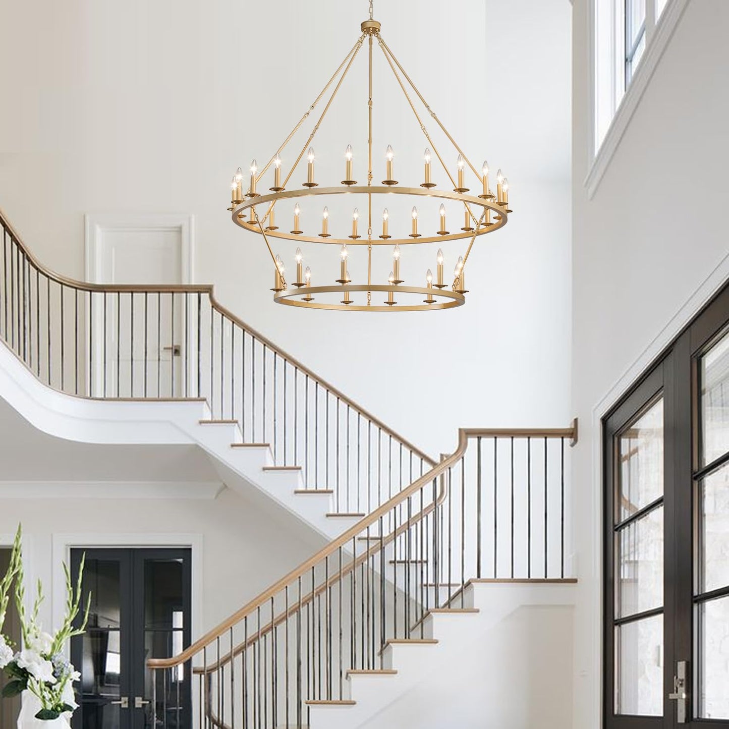 QJMPP Gold Wagon Wheel Chandelier 2 Tier 53-Inch 36-Light,Extra Large Circle Rustic Farmhouse Light Fixture,Round Metal Chandeliers for Foyer Entryway Dining Room Living Room High Ceilings