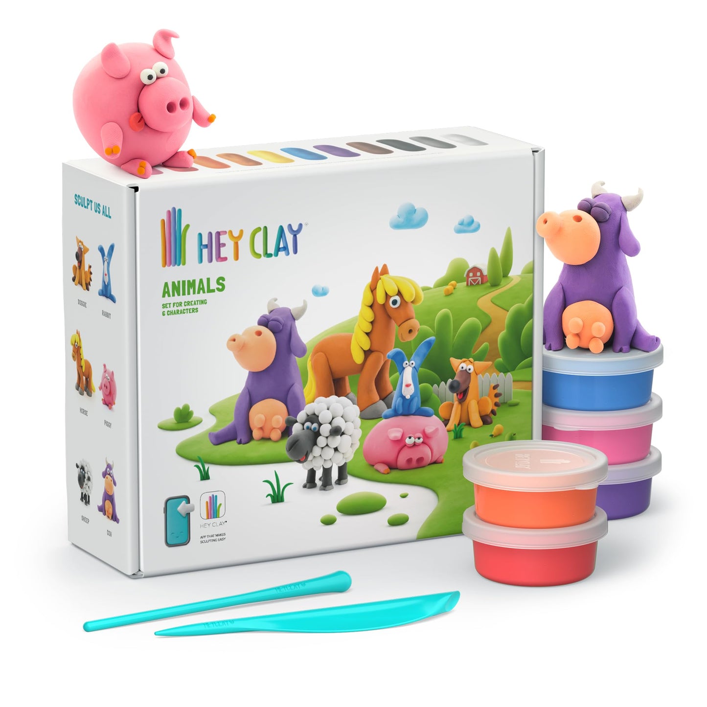 HEY CLAY Animals Set - Colorful Modeling Air Dry Clay for Kids - Air Dry Clay Kit 15 Cans and Sculpting Tools with Fun Interactive Instructions App - Age 3 and up