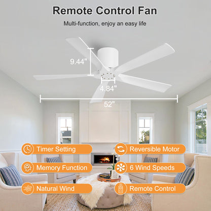 LEDLUX 52 Inch Flush Mount Ceiling Fan No Light - 5 Solid Wood Blades, 6-Speed Reversible DC Motor, Noiseless Low Profile Ceiling Fan without Light for Bedroom Living Room, White