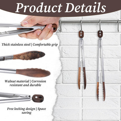 Oqqlin 2 Pcs Wooden Tongs for Cooking, 9 & 10 Inch Durable Salad Tongs with Walnut Wood Tip Multifunctional Stainless Steel Handle Kitchen Tong for Serving Food, Bread, BBQ, Tossing Salad - Lock Dsign