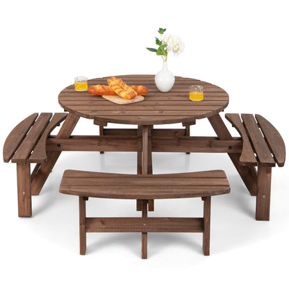 Tangkula 8 Person Wood Picnic Table, Outdoor Round Picnic Table with 4 Built-in Benches, Umbrella Hole, Outside Table and Bench Set for Garden, Backyard, Porch, Patio, 500lbs Capacity Per Bench