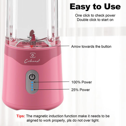 COKUNST 18oz Portable Blender, USB Rechargeable Personal Size Blenders, Smoothie Blender with 6 Blades for Protein & Shakes, Mini juicer with Extra Handle Lid for Travel Sports Outgoing