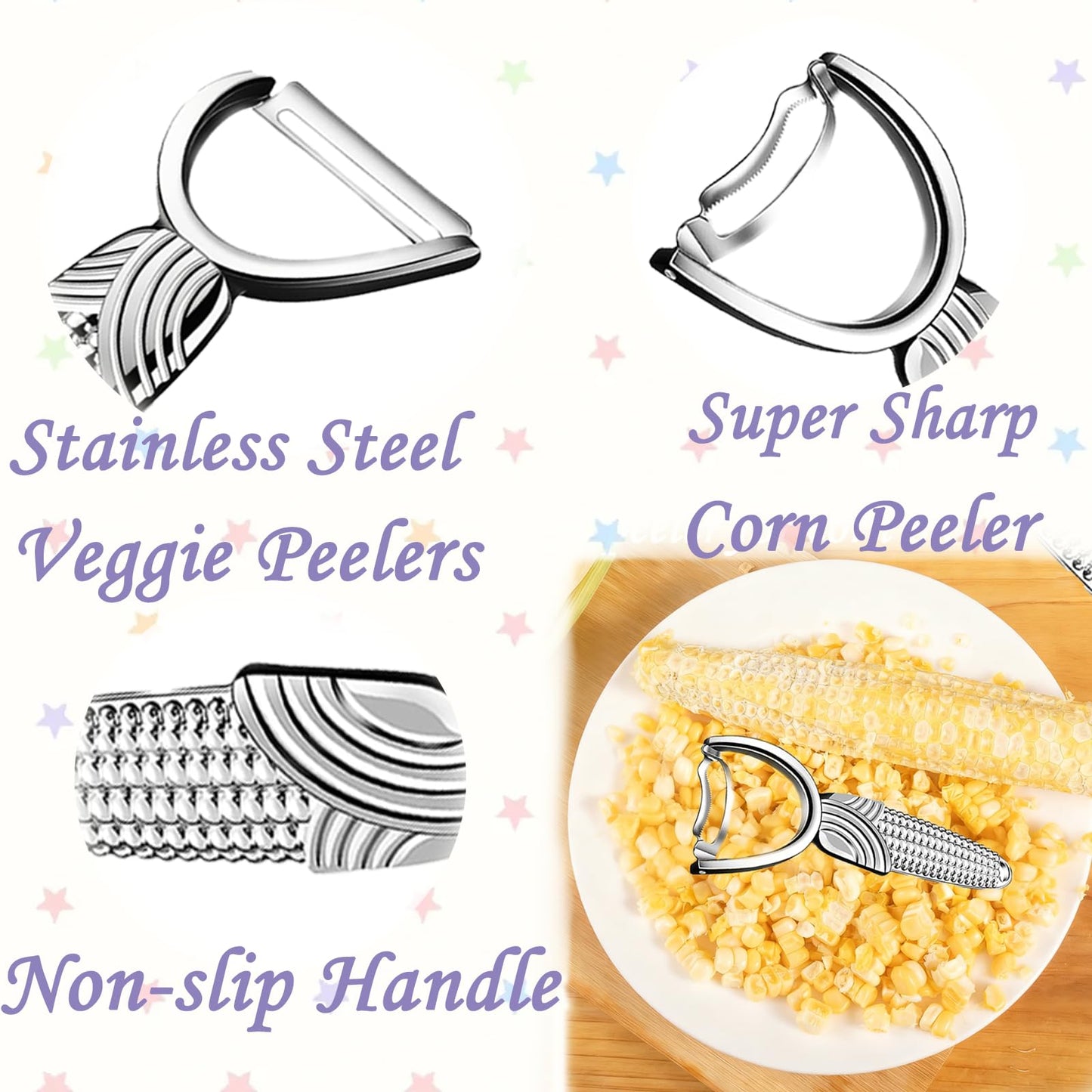 2 Packs Corn Vegetable Peelers for Kitchen,Durable Non-slip Handle Corn Cob Stripper Tool,Dishwasher Safe Kitchen Gadgets,Stainless Steel Sharp Peelers for Veggie,Fruit,Potato,Julienne,Carrot, Apple