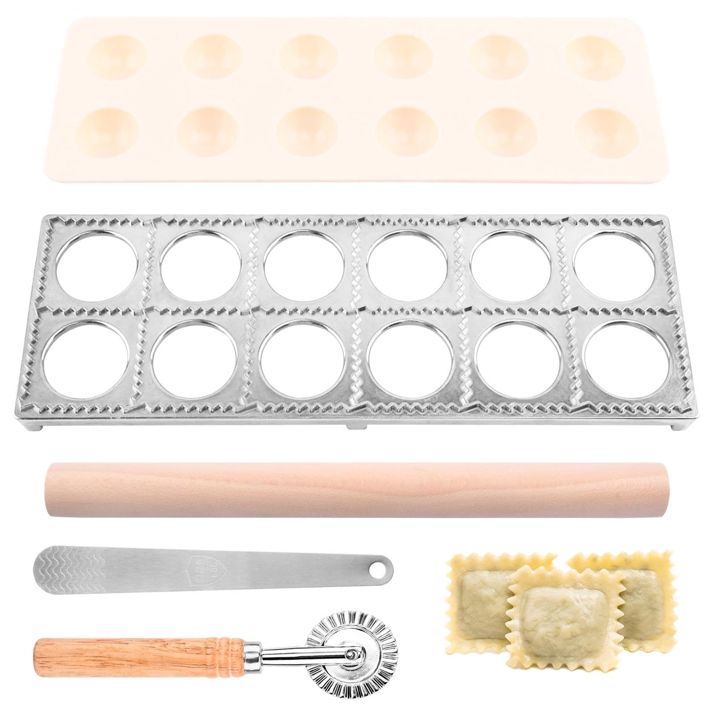 Ravioli Press Mold Set, 12 Holes Ravioli Maker Press,1 x Pasta Cutter Stamp Maker, 1xWood Rolling Pin Pasta Making Tools,1x Filling Spoon,for Ravioli, Dumpling,Hand Pie