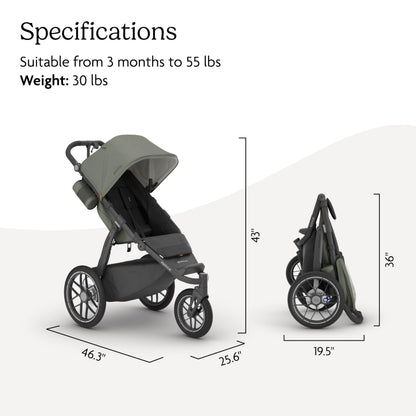 UPPAbaby Ridge V2 Jogging Stroller | All-Terrain Performance Suspension + Never-Flat Tires Built for Walking, Running + Trails | Water Bottle Holder Included | Evelyn (Meadow Green | Carbon Frame)