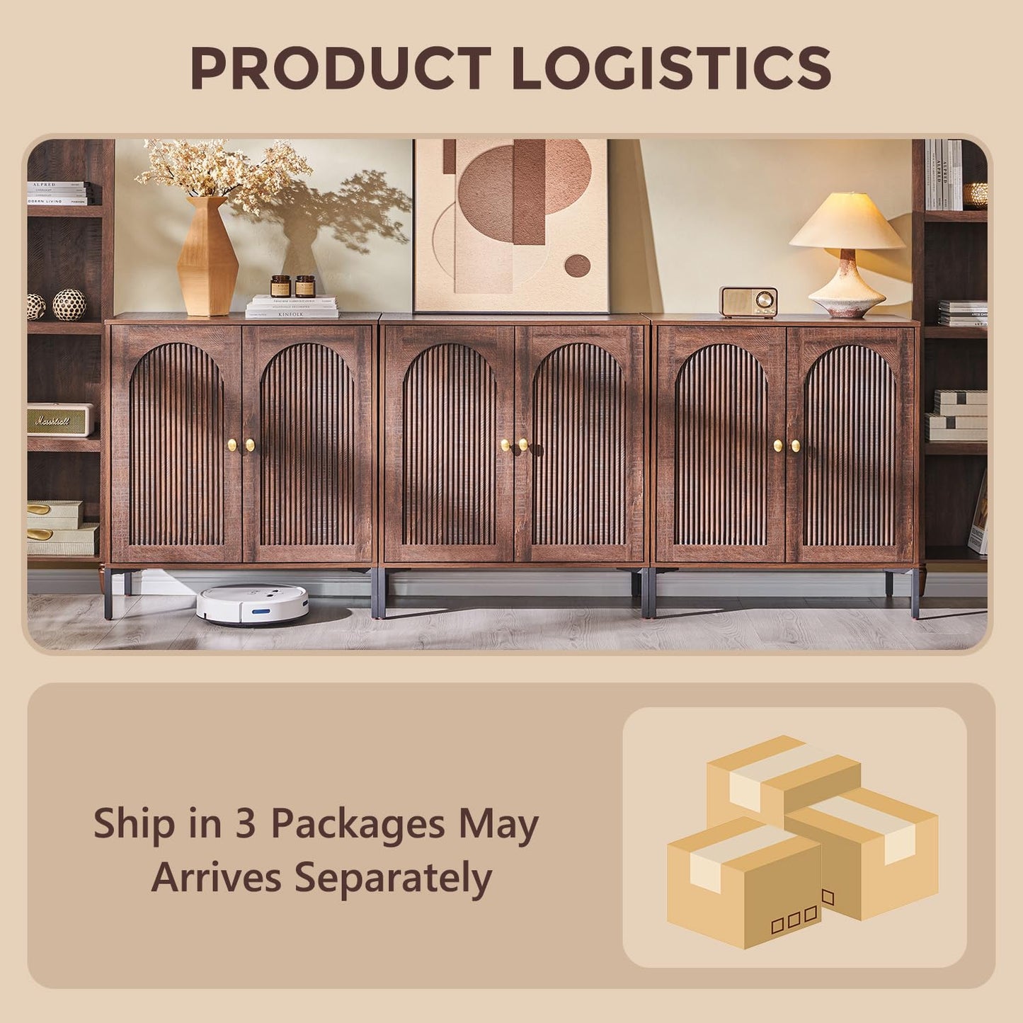 IFGET Modern Buffet Cabinet with Storage, 92.63" W Fluted Arched Sideboard Cabinet w/Adjustable Shelves, Wooden Modular Coffee Bar for Dining Room, Kitchen, Living Room, Entryway, Brown