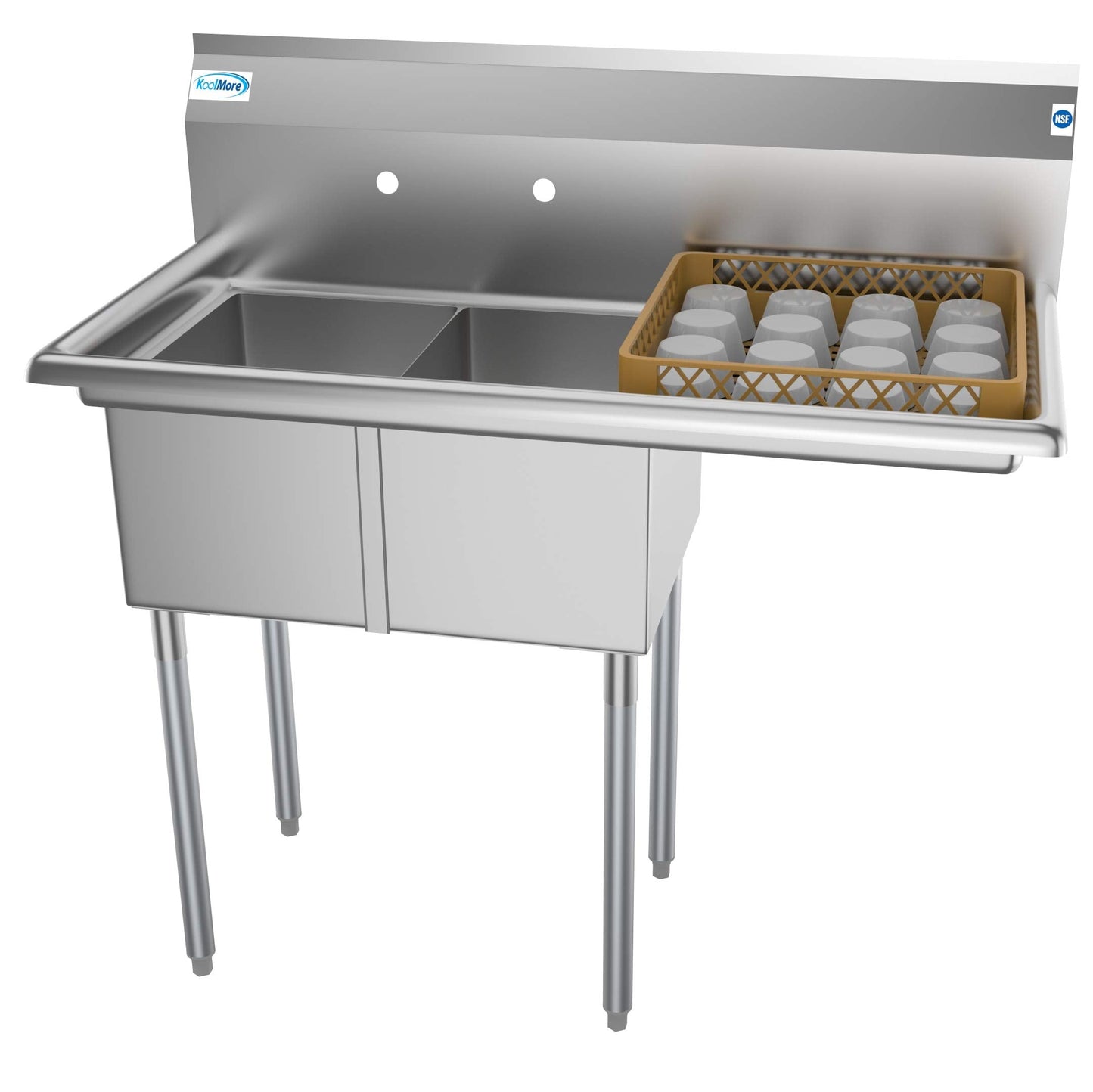 KoolMore - SB121610-16R3 2 Compartment Stainless Steel NSF Commercial Kitchen Prep & Utility Sink with Drainboard - Bowl Size 12" x 16" x 10", Silver