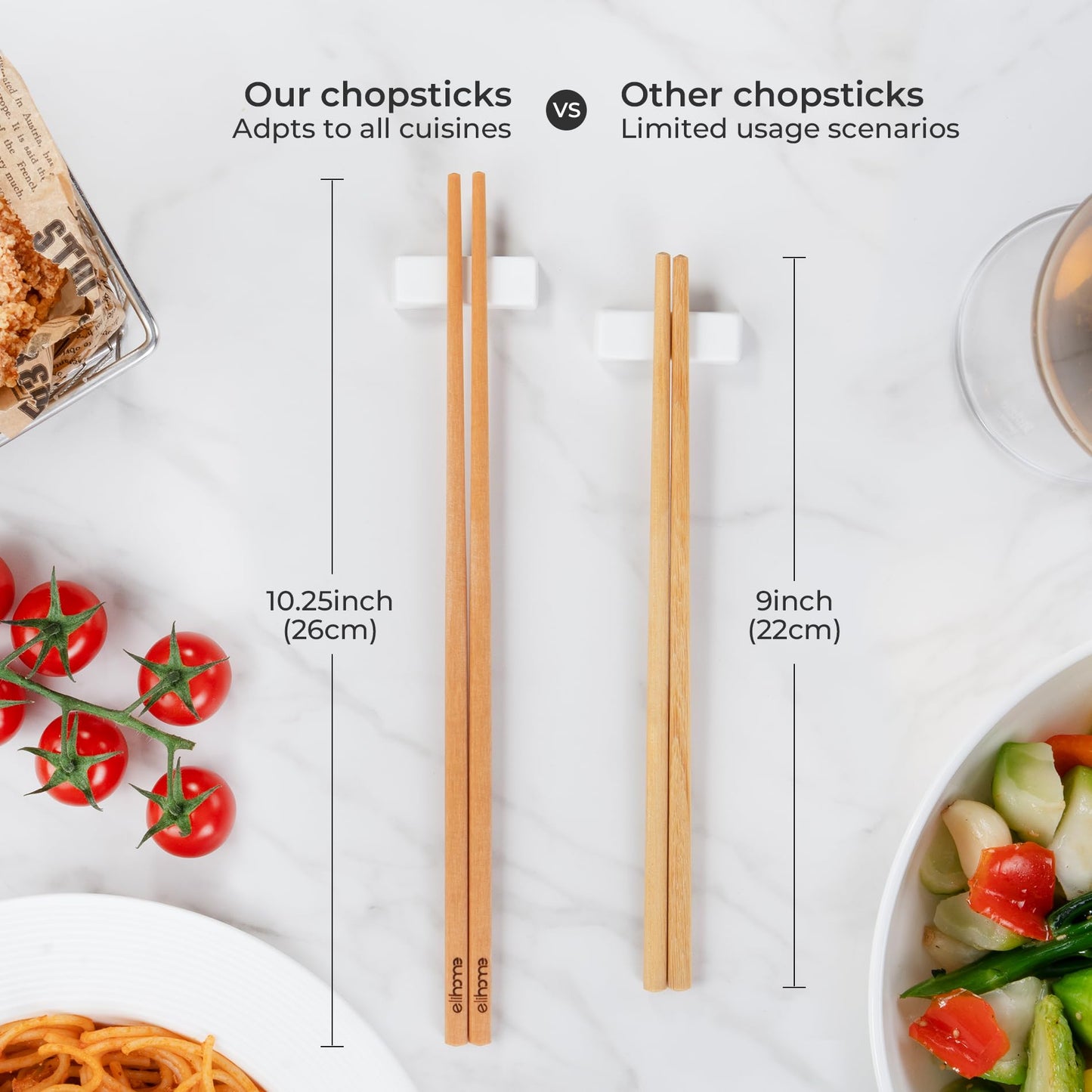 Elihome Premium Wood Fiber Chopsticks, Dishwasher Safe, Heat Resistant, Reusable Japanese Chinese Chopsticks, 26cm/10.25inch, Natural, 8 Pair