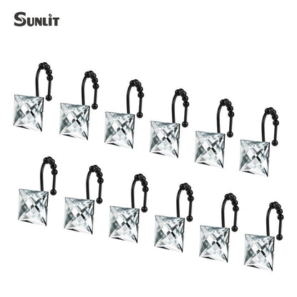 Sunlit Luxury Design Square Clear Diamond Crystal Gem Bling with Glide Balls Shower Curtain Hooks, Rust Proof Metal Rhinestones Glam Shower Curtain Rings with Black Hooks, Set of 12