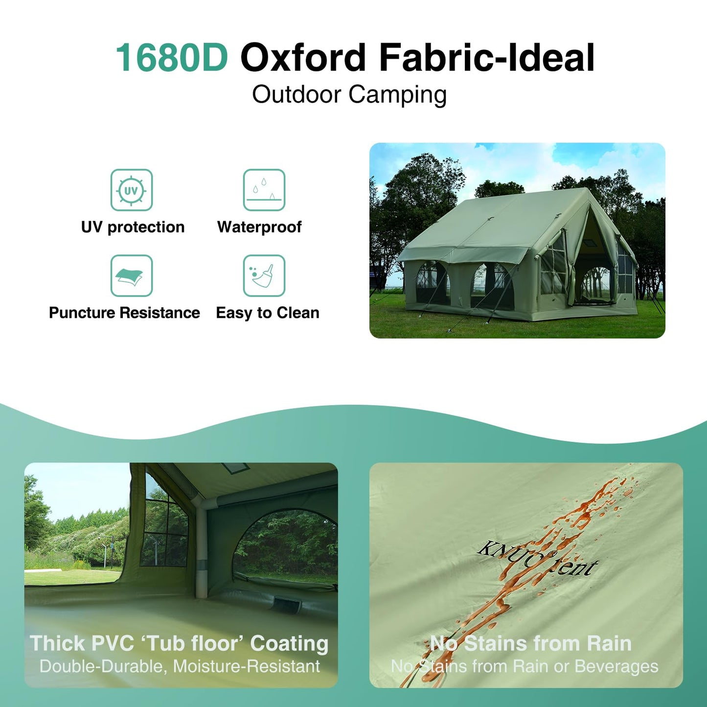 KNUO 2026 Upgraded Waterproof Inflatable Camping Tent for 5-8 People, Large Blow-Up Air Tent, No Assembly Needed Luxury Glamping House, 10x10ft Oxford Fabric,Green