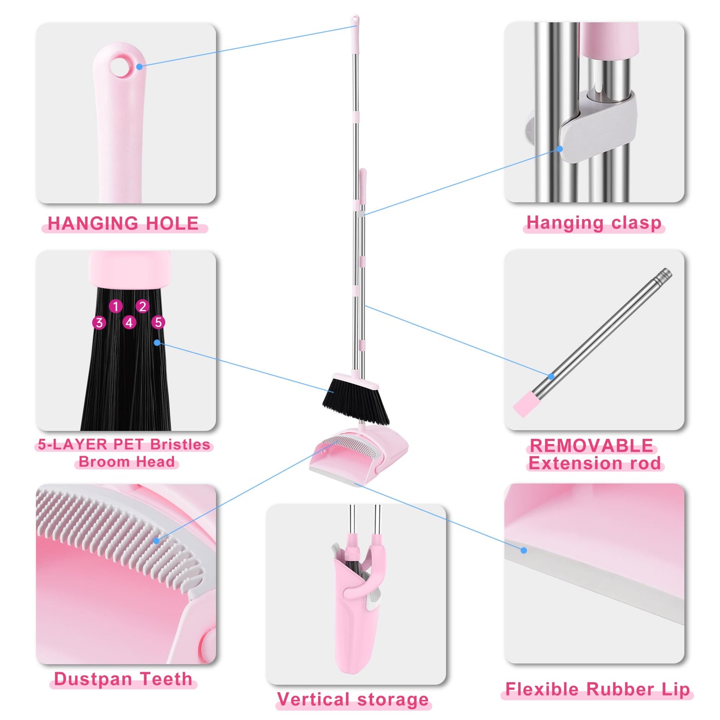 Pink Broom and Dustpan Set for Home, 52-in Long Handle Broom with Dustpan Combo with Dustpan Teeth Easy to Scrape Off Pet Hair, Indoor&Outdoor Sweeping（Pink）