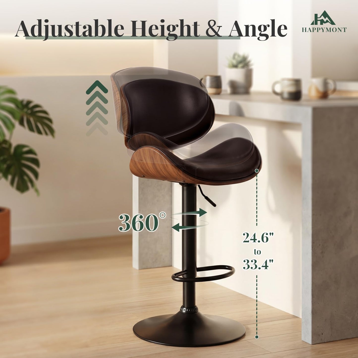 HAPPYMONT Swivel Bar Stools Set of 2, Adjustable Height 37-45 Inch Bentwood Barstools with Removable Back, PU Leather Upholstered Bar Chair for Kitchen Island Dining Room, Brown