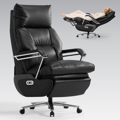 OKUP® M80 Dual Motor Electric Executive Office Chair with Footrest, Comfortable Reclining Office Chair Wide Seat, Ergonomic Leather Home Office Desk Chair, Black, No Massage