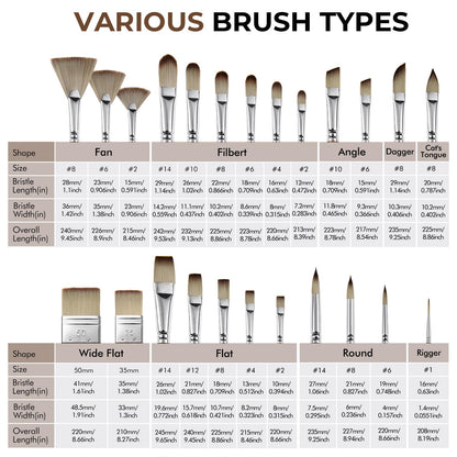 Fuumuui 25pcs Paint Brush Set, Professional 9 Shapes with Wide Flat, Filbert, Fan, Dagger, Cat Tongue, Round, Angle, Rigger for Acrylic Oil Watercolor | Includes Palette Knife & Waterproof Canvas Roll
