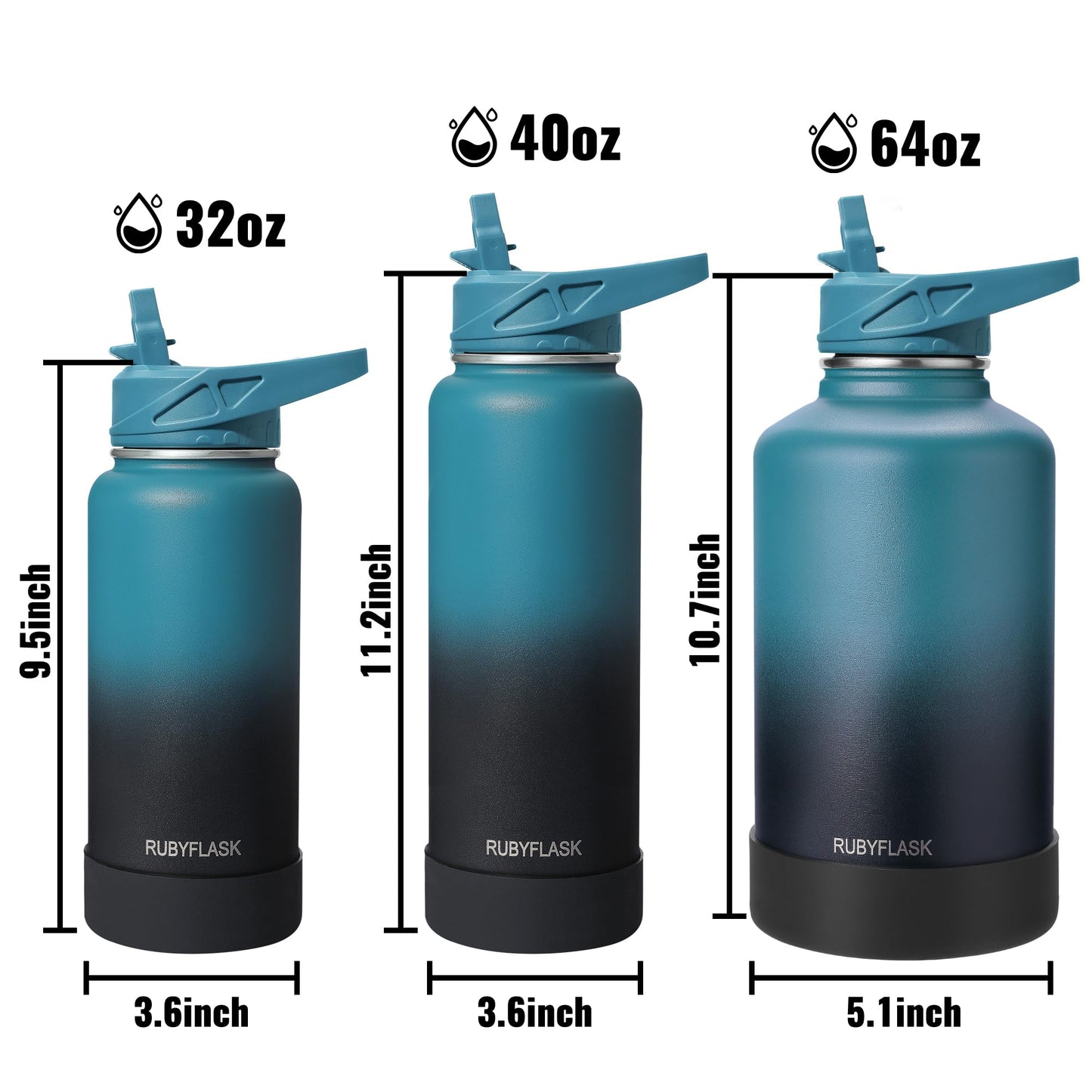RUBYFLASK 40oz Insulated Water Bottle with Straw, Stainless Steel Metal Vacuum Water Flask, Large Thermal Water bottle with Leakproof 3 Lids for Travel, Camping, Gym Sports Indigo Black