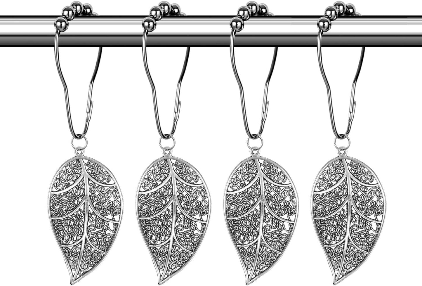 CHICTIE Silver Shower Curtain Rings Hooks - Chrome Leaves Decorative Set of 12 Stainless Steel Rust-Proof