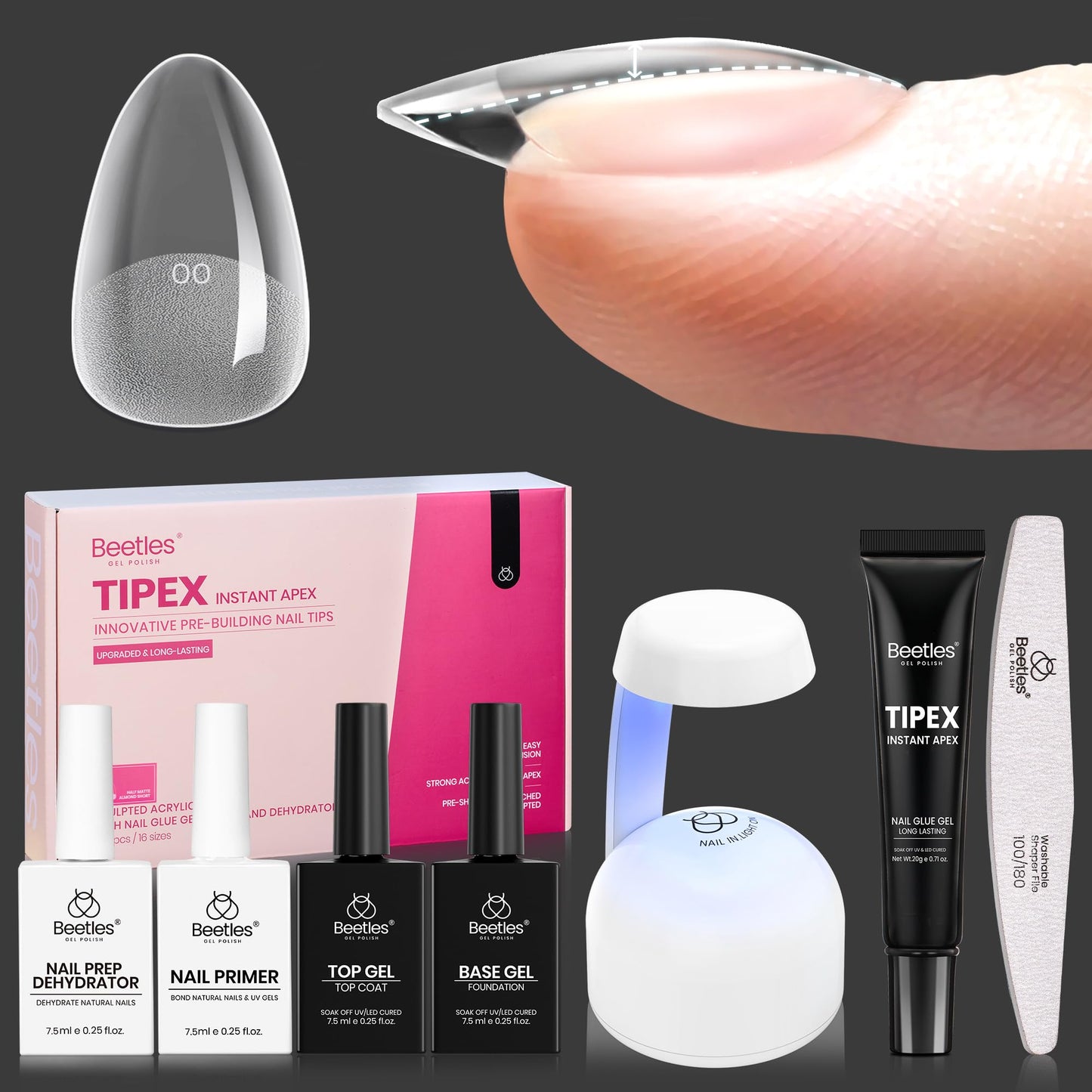 Beetles Tipex Instant Apex Nail Tips Kit, Coffin Long 224Pcs 16 Sizes Pre-Building & Pre-Etched Thicker Acrylic Nails False Nail Extension with Tipex Nail Glue Mini Nail Lamp