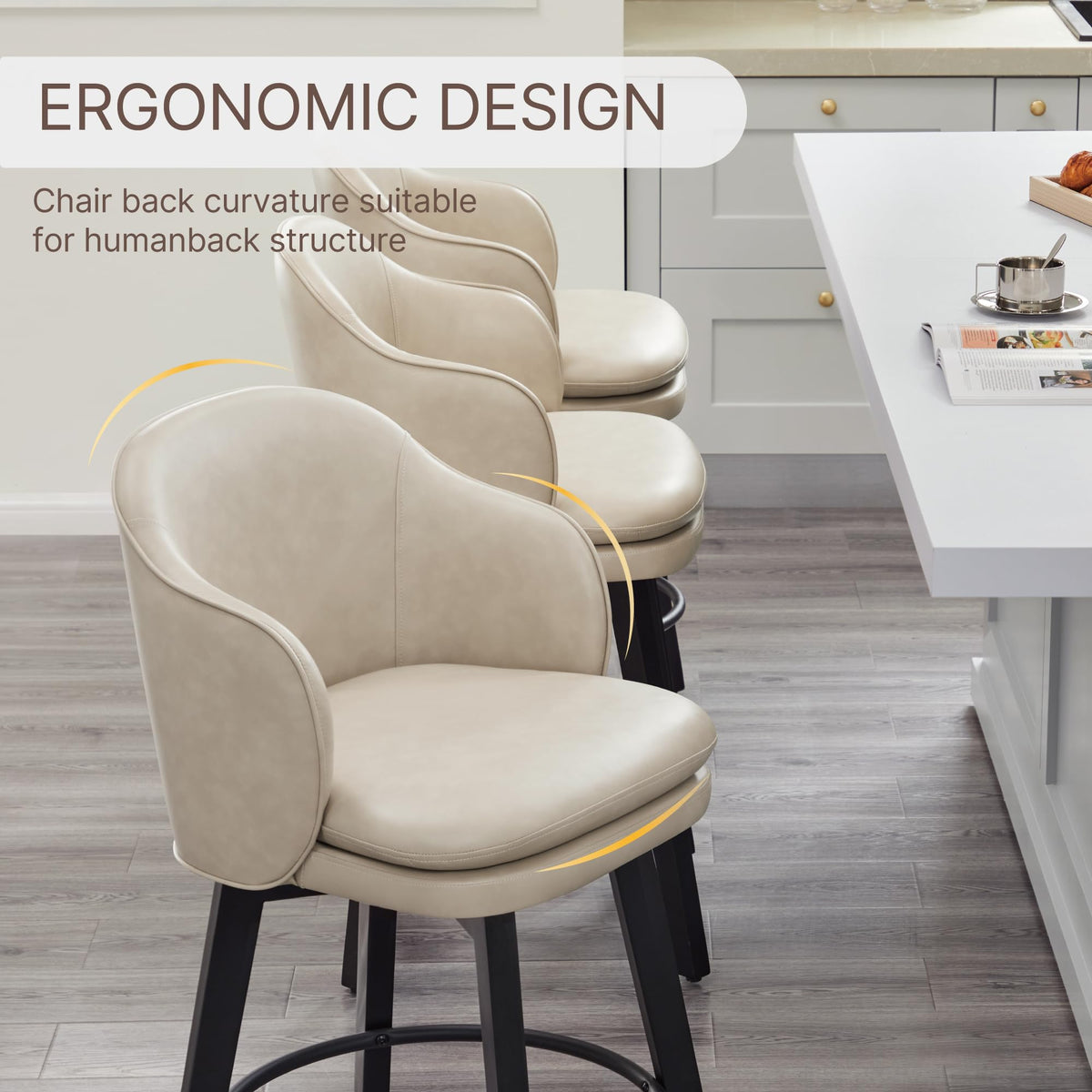 Counter Height Barstools 26 inch Upholstered Swivel Bar Stools with Back and Wood Legs for Kitchen Island,Set of 2,Beige PU Leather