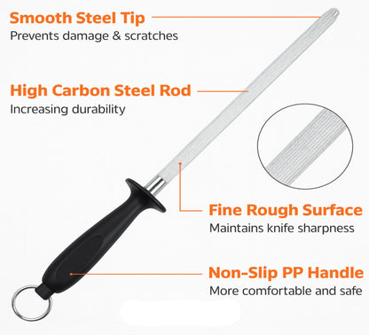 Foyfress Honing Rod 10 Inch, Knife Sharpener for Kitchen Knives, Magnetized High Carbon Steel Honing Steel with Ergonomic Handle, for Chef and Butcher Knives