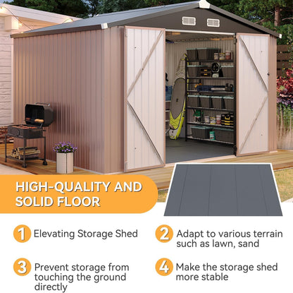 Aoxun 10x8 FT Shed with Floor Heavy-Duty Galvanized Steel Outdoor Storage Shed with Double Doors, Ventilated Weatherproof Design for Bike/Generator/Tool Organization (Brown with Floor)