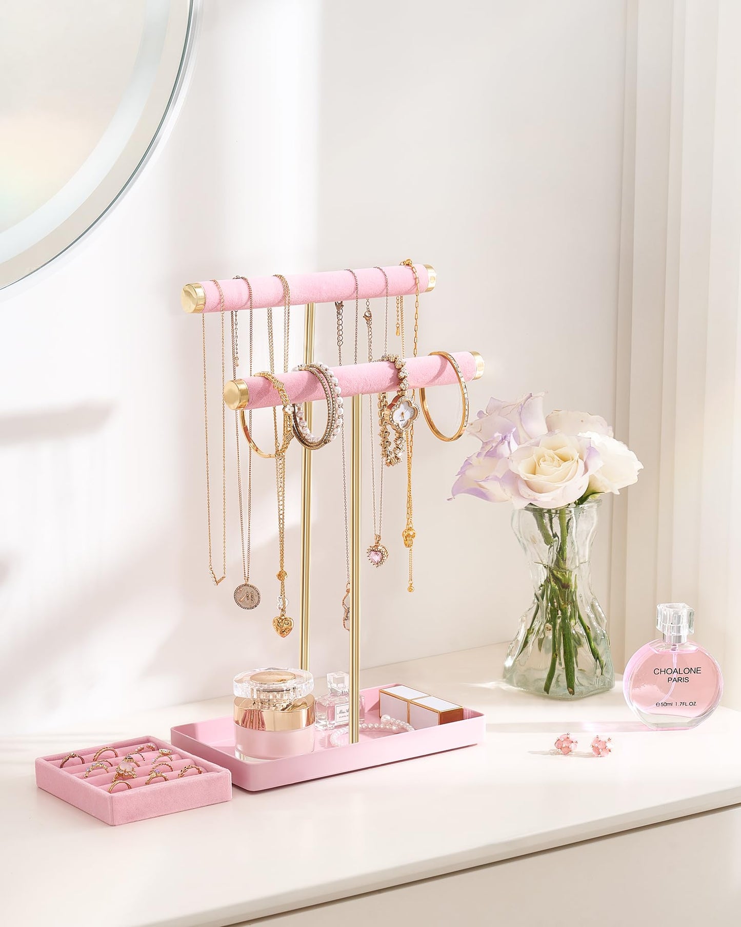 Lolalet 2-Tier Necklace Holder Display, Velvet Wrapped Jewelry Organizer with Removable Ring Tray, Tall Bracelet Stand for Bangles Watches Earrings, Gifts for Mom Girls Women Mother's Day -Pink
