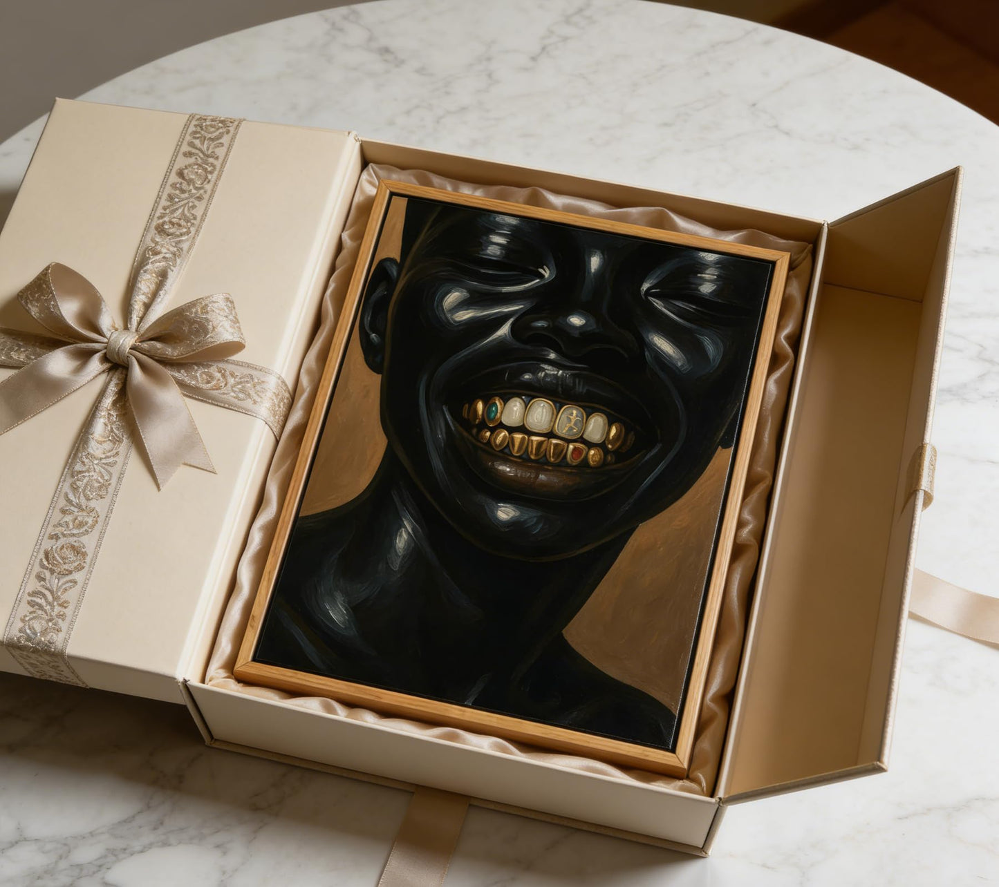 Floating Framed Abstract Black Men Canvas Wall Art, African American Gold Teeth Painting Picture Wall Decor, Urban Street Hip Hop Poster Print Artwork for Bedroom, Apartment, Home Decoration 8x10in