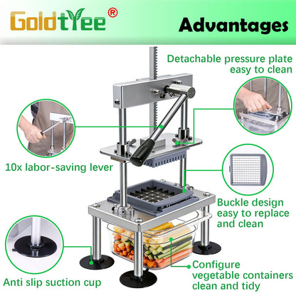 French Fry Cutter Goldtree Commercial Vegetable Chopper Professional Stainless Steel Potato Cutter Food Onion Dicer With 4 Replacement Blades for Tomatoes Fruit Carrots Cucumbers