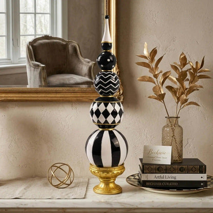 Bechivie Black and White Checkered Decor, 15.7 Inch Resin Modern Sphere Sculpture, Table Top Mantel Office Desk Shelf Halloween & Christmas Decorations for Home Statue