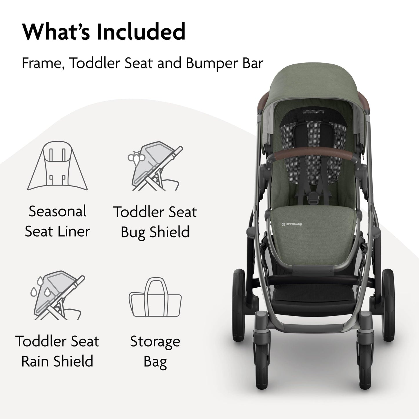UPPAbaby Vista V3 Full-Size Single-to-Double Stroller System, Toddler Seat, Bug & Rain Shields, Storage Bag Included, Evelyn (Meadow Green/Graphite Frame/Chestnut Leather)