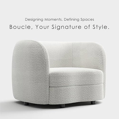 Furniture of America Nimiane Modern Boucle Barrel Chair with Curved Arms and Wooden Legs, Fabric Upholstered Armchair, Comfy Sofa Chair for Living Room, Bedroom, Home Office, Off-White