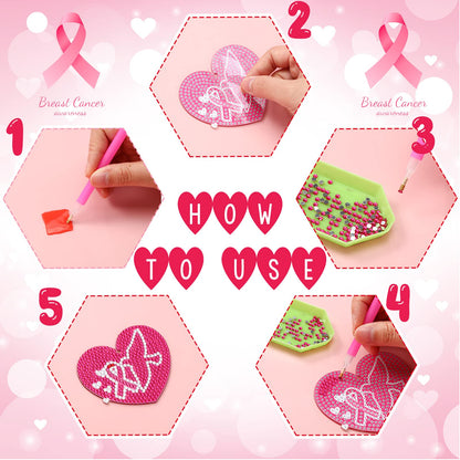 Estune 28 Pcs Breast Cancer Diamond Painting Keychains Pink Ribbon Diamond Art Key Chain Double Sided 5d DIY Painting Kits Keyring Pendant for Beginners Adults Women Gift