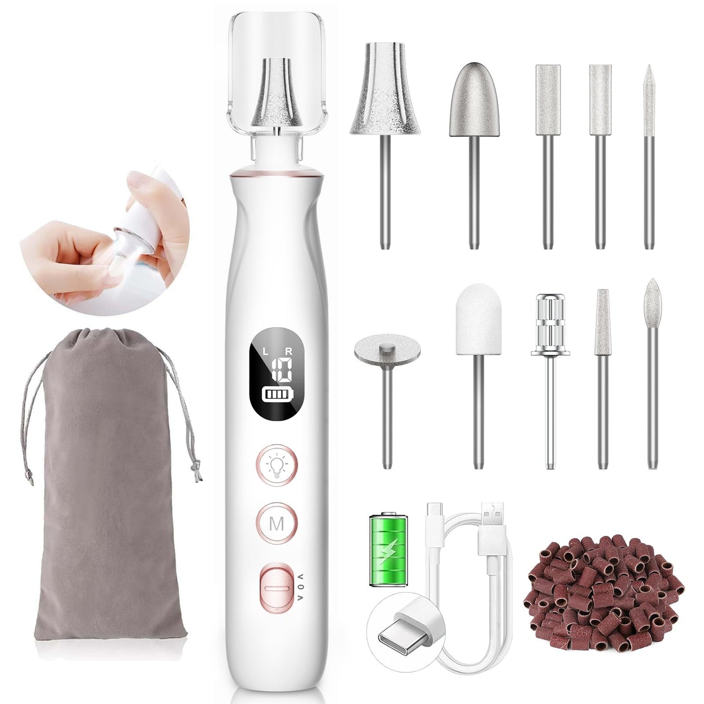 Nail Drill Electric File: HSKAI® 10000RPM Powerful Nail Drill with LCD Display, Cordless Thick Nail Grind Filer for Acrylic Gel Natural Nails Toenails, Manicure & Pedicure Multi-Tool for Home Salon