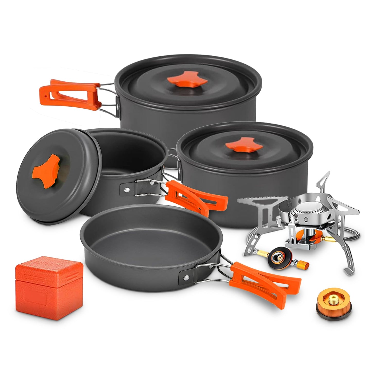 10 Pcs Smokey Camp Backpacking Cooking Set with Stove & Adapter - 3 Pots Large Medium Small 1 Large Pan 1 Stove 1 Adpater, Compact Non-Stick Camping Cookware Mess Kit, All in One Hiking Picnic Outdoor